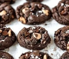 Double Chocolate Cookies topped with salted caramel for a delicious dessert treat.
