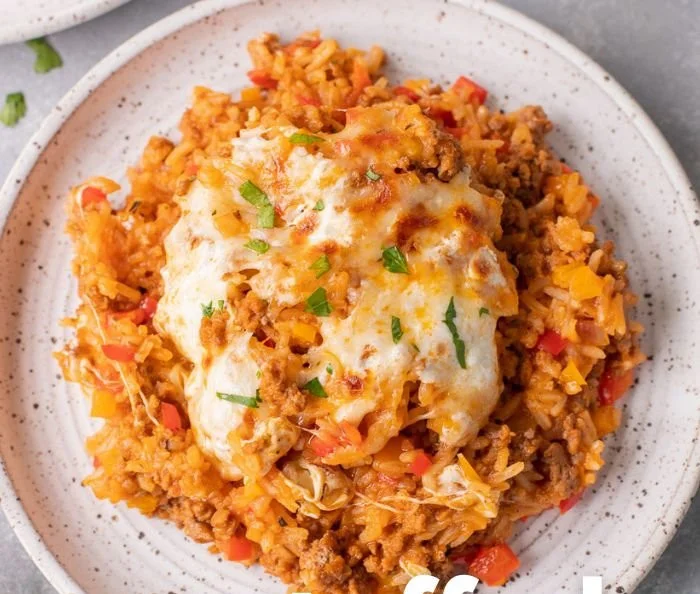 Delicious unstuffed peppers with rice and vegetables in a serving bowl