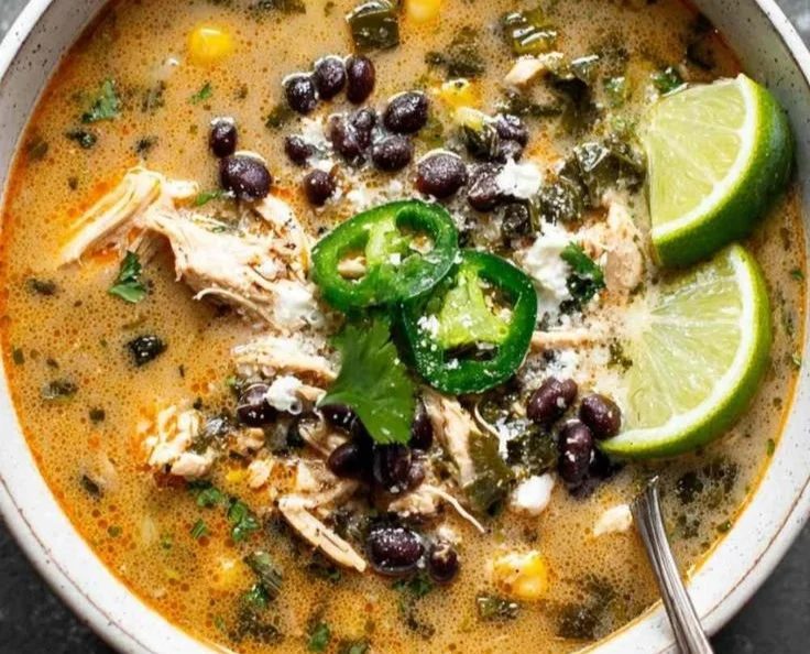 Bowl of Easy Chicken Poblano and Black Bean Soup garnished with cilantro