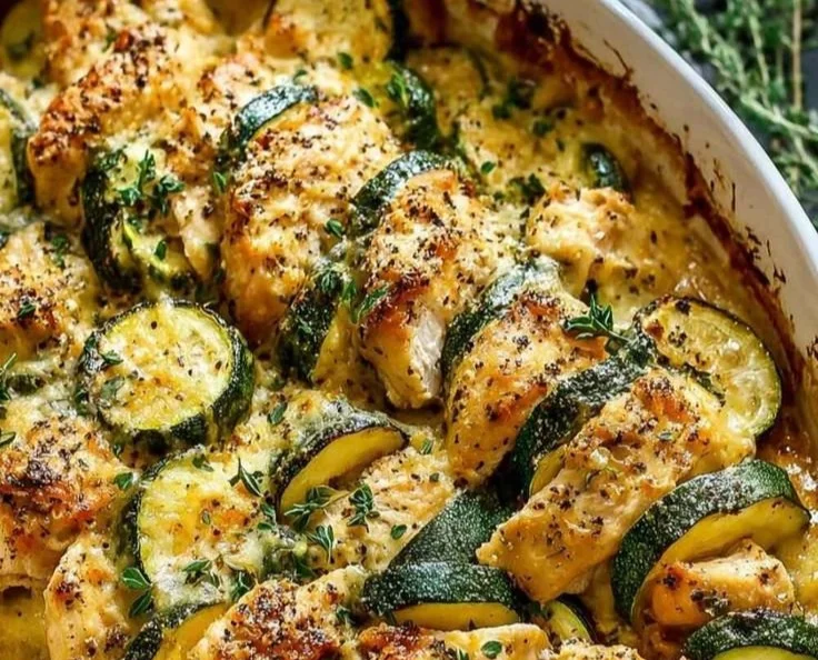 Easy chicken zucchini bake dish with melted cheese and fresh herbs