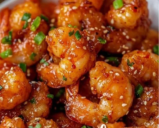 Plate of Firecracker Shrimp garnished with herbs and spices