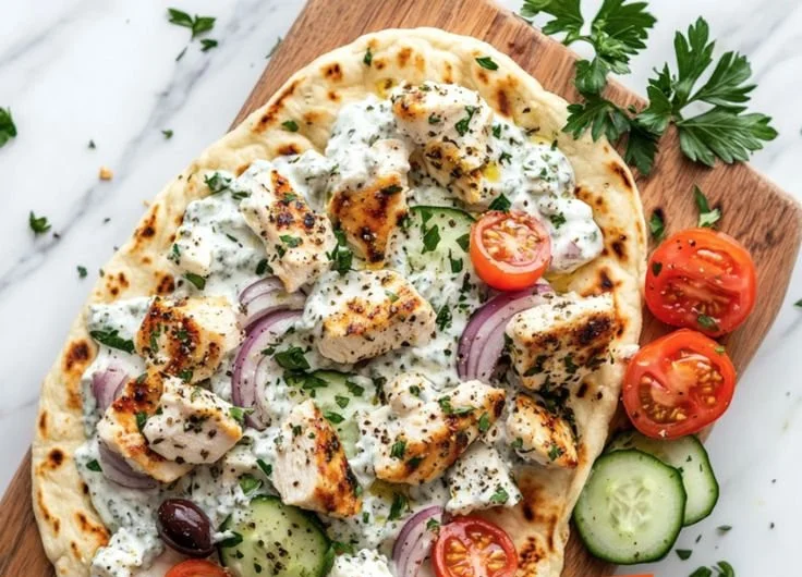Greek Chicken Flatbread topped with fresh vegetables and herbs.