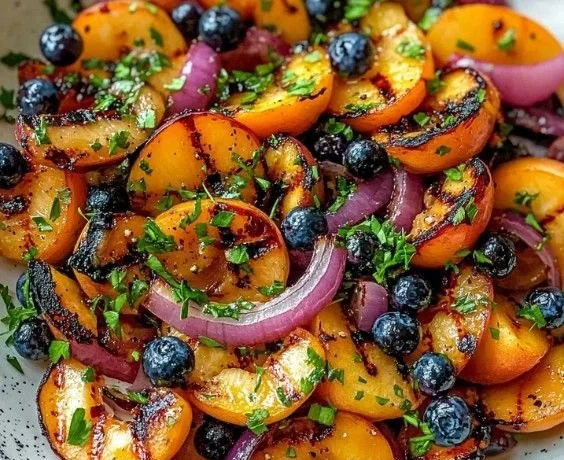 Delicious Grilled Peach Blueberry Salad with fresh ingredients and vibrant colors