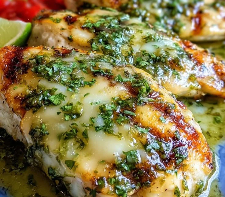 Grilled Salsa Verde Chicken topped with Pepper Jack cheese on a plate.