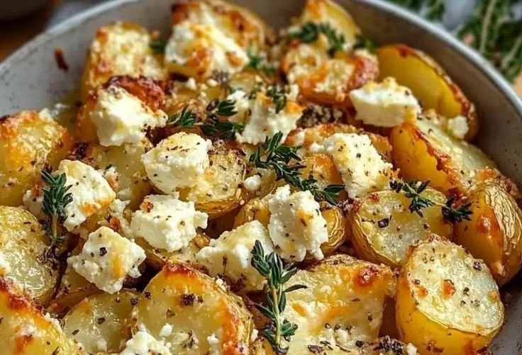 Delicious healthy baked feta potatoes served on a plate with fresh herbs