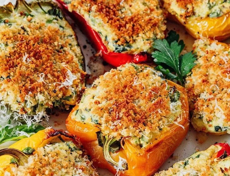 Herby ricotta stuffed peppers on a plate