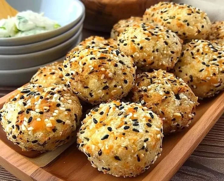 A plate of high-protein bagel bites garnished with herbs