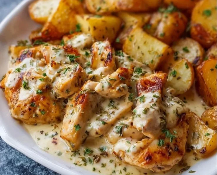 Creamy Garlic Cheesy Chicken with Potatoes in a serving dish
