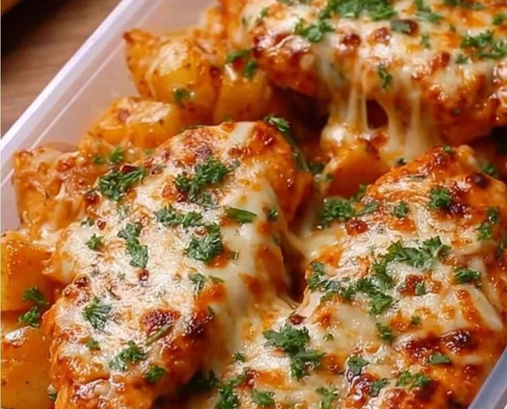 High-protein creamy garlic cheesy chicken with potatoes on a plate