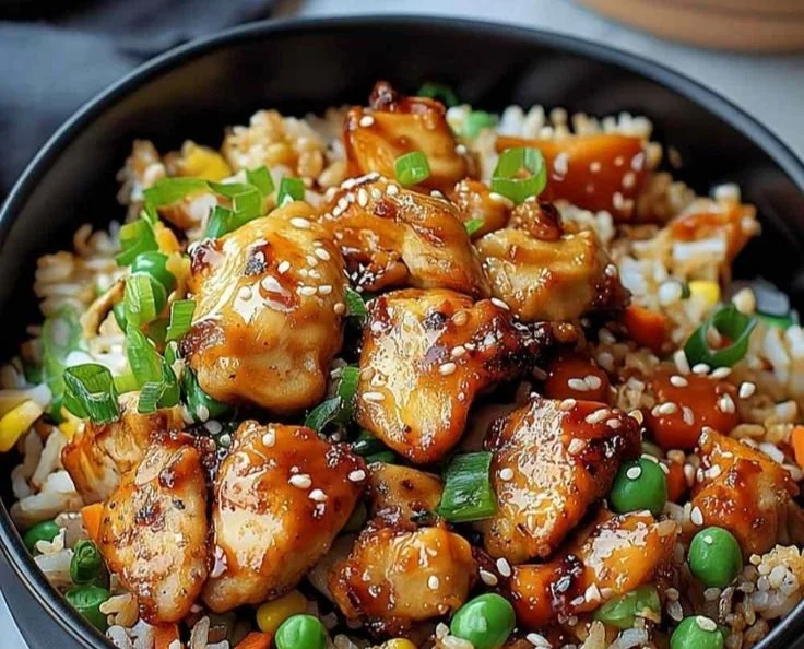 Delicious plate of high protein crispy garlic chicken fried rice