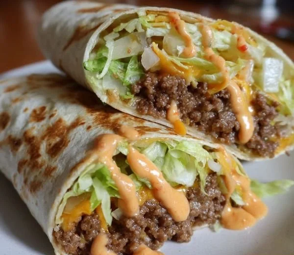 Delicious Homemade Big Mac Wraps with special sauce served on a plate.