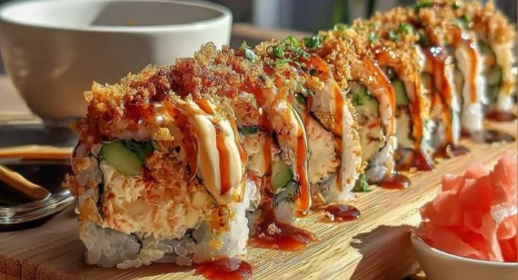 Homemade California Crunch Roll sushi on a plate with fresh ingredients.