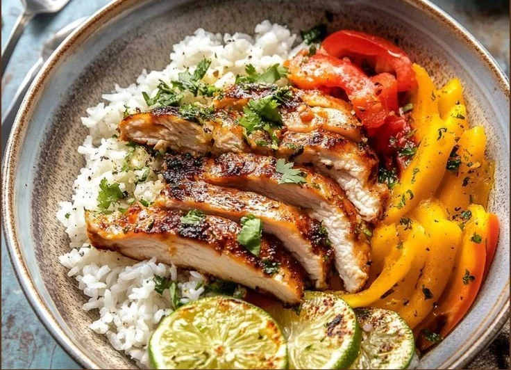 Delicious Honey Lime Chicken & Rice Bowls served in a vibrant bowl