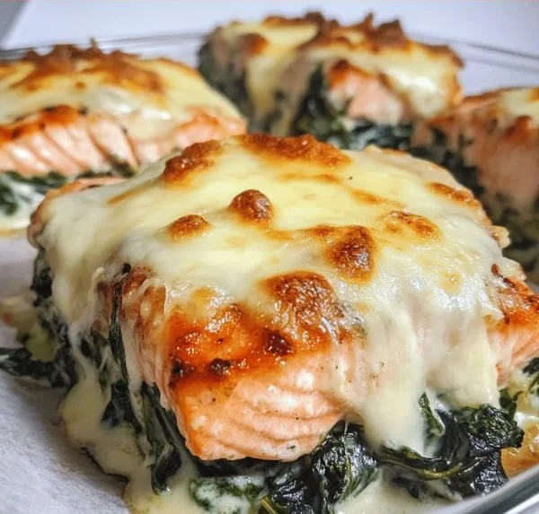 Irresistible baked salmon with spinach and mozzarella topped on a plate.