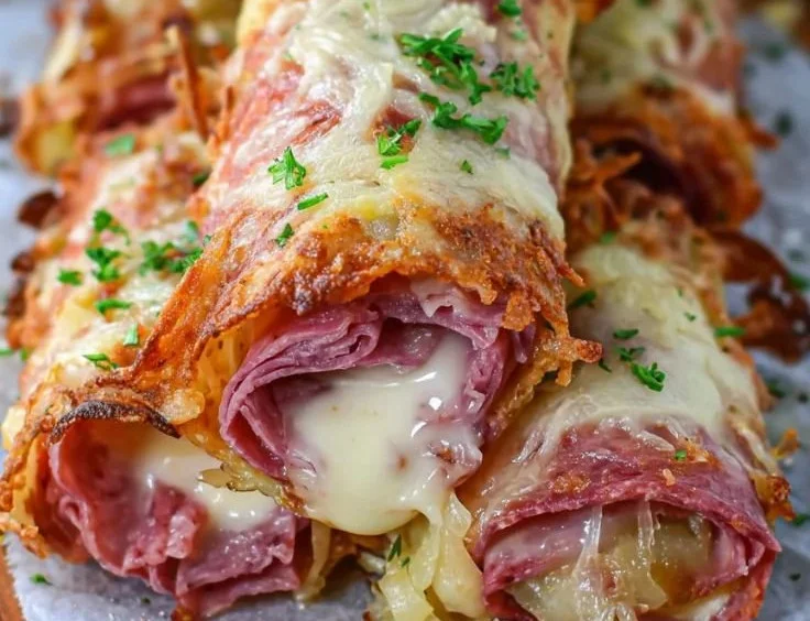 Delicious Keto Crispy Reuben Roll-Ups with sauerkraut and cheese