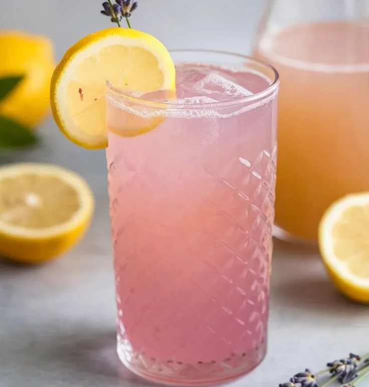 A glass of sparkling lavender lemonade fizz with a lemon slice and lavender sprig.
