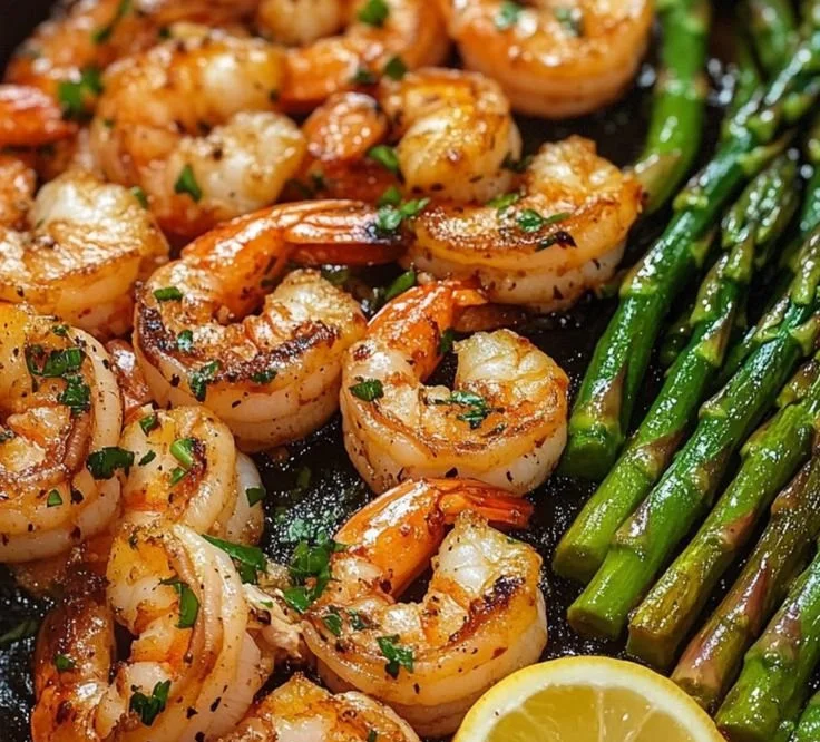 Lemon Garlic Shrimp served with Asparagus on a plate