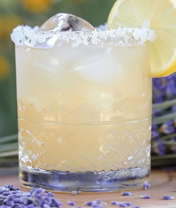 Refreshing Lemon Lavender Margarita cocktail garnished with lemon and lavender flowers.