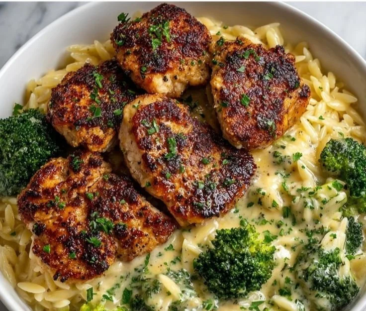 Lemon Pepper Chicken served with broccoli and orzo in a tasty meal