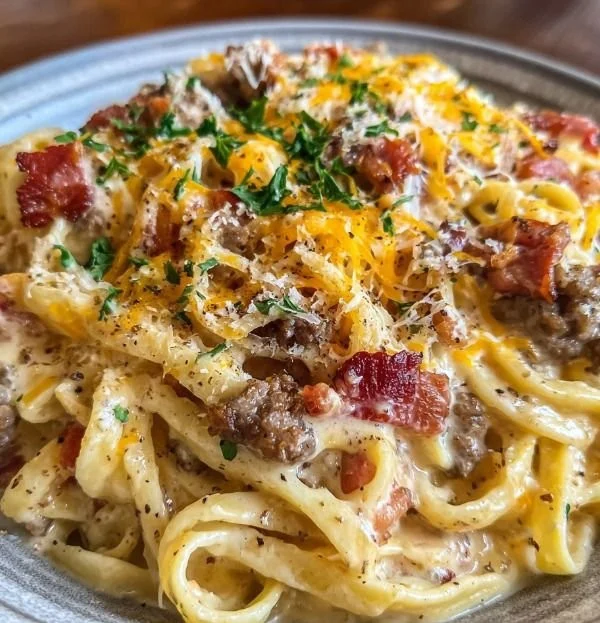 Creamy Loaded Bacon Cheeseburger Alfredo Pasta with crispy bacon and cheese