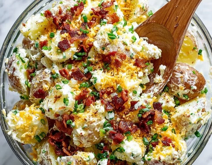 Delicious loaded potato salad with toppings and ingredients