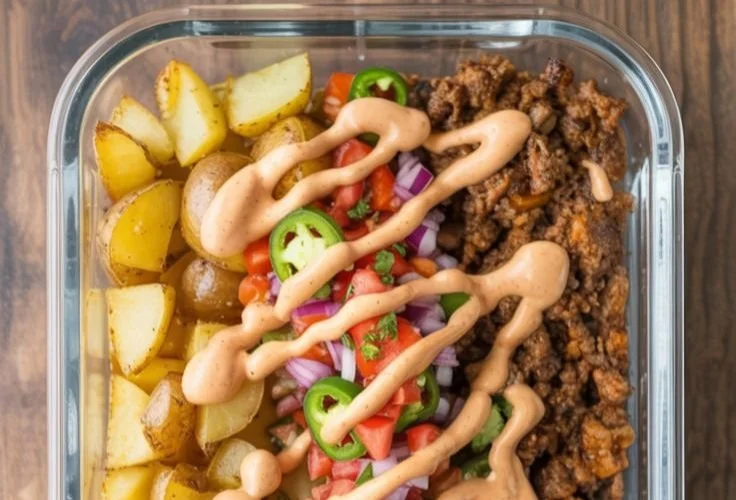 Delicious loaded potato taco bowls topped with fresh ingredients and herbs