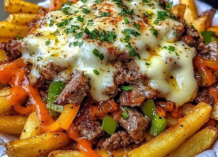 Delicious loaded steak fries topped with cheese, bacon, and jalapeños