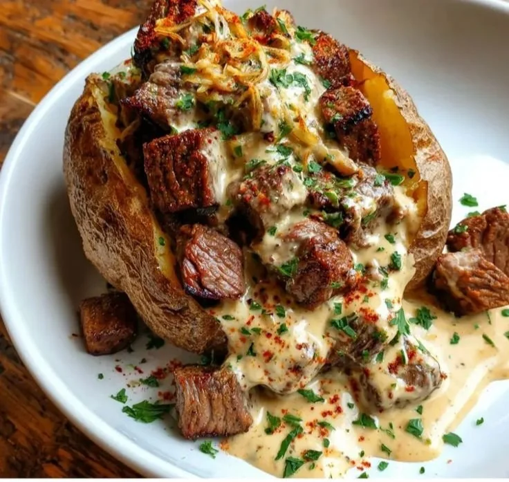 Delicious loaded steak potato topped with cheese and garnishes