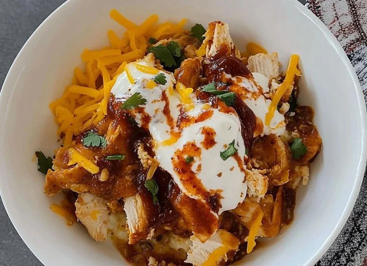 Macro friendly BBQ Ranch Chicken Bowl with grilled chicken, ranch sauce, and veggies