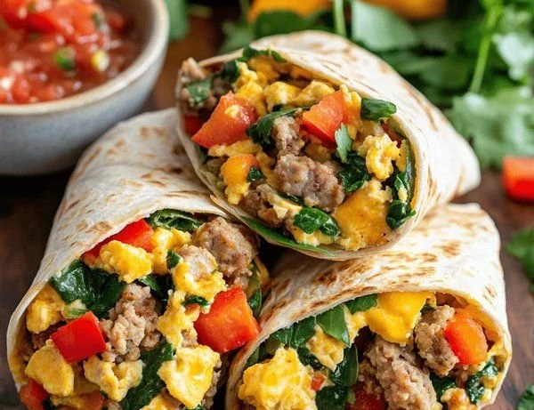 Macro-friendly high protein sheet pan breakfast burritos ready to serve.