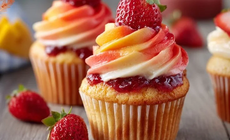 Mango Strawberry Cupcakes with vibrant frosting and fresh fruit toppings