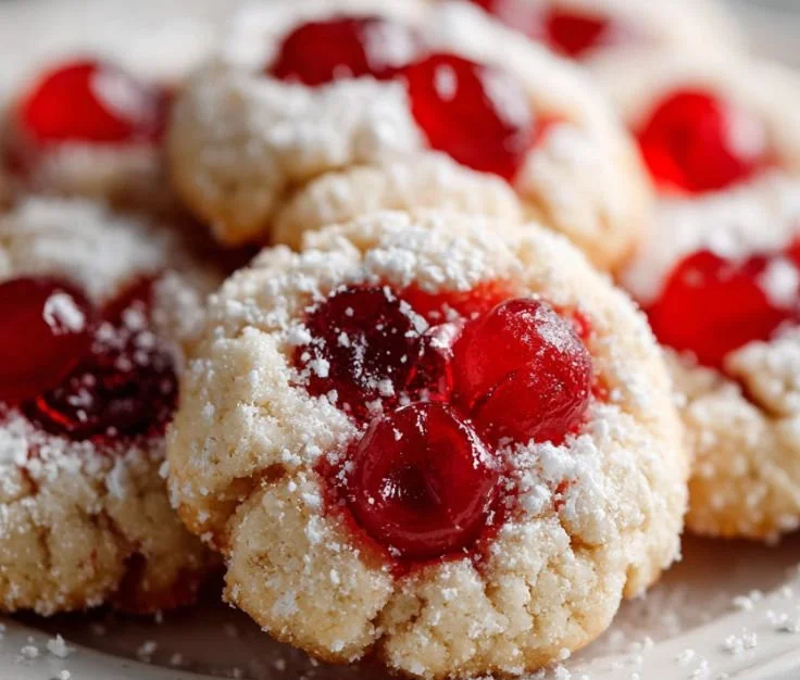 Delicious maraschino cherry sugar cookies on a plate, topped with cherries.