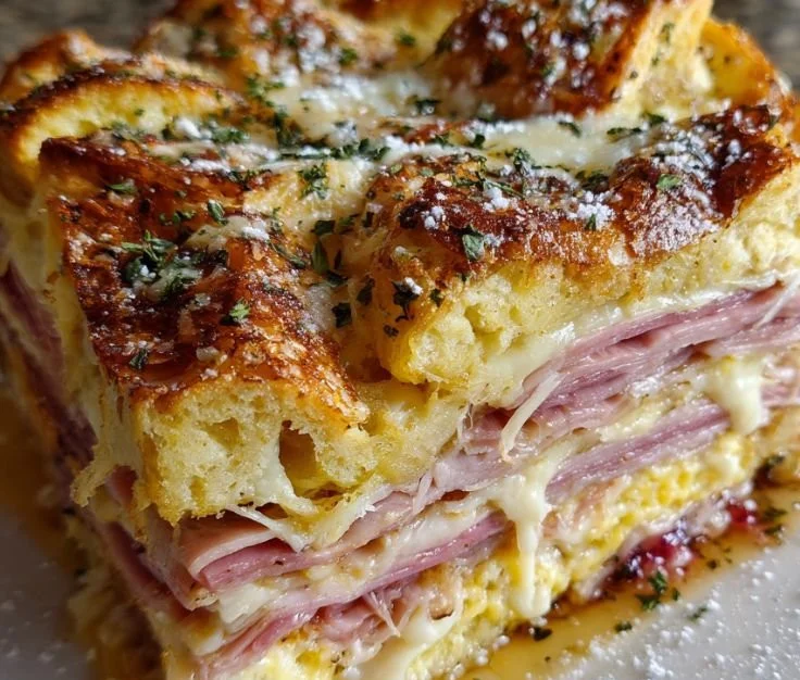 Delicious Monte Cristo breakfast casserole topped with cheese and ham