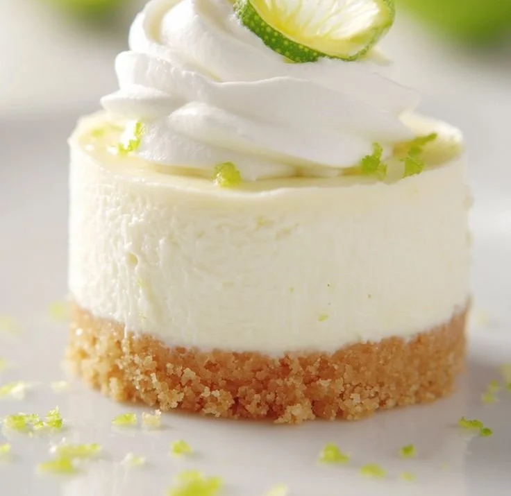 No-Bake Mini Key Lime Cheesecakes topped with whipped cream and lime zest