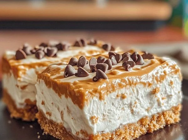 No bake peanut butter cheesecake bars topped with chocolate drizzle