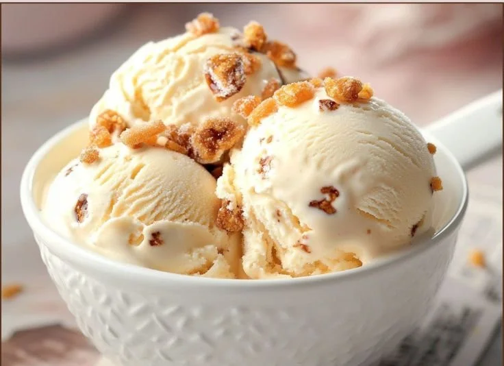 Delicious no churn crème brûlée ice cream topped with a caramelized sugar crust.
