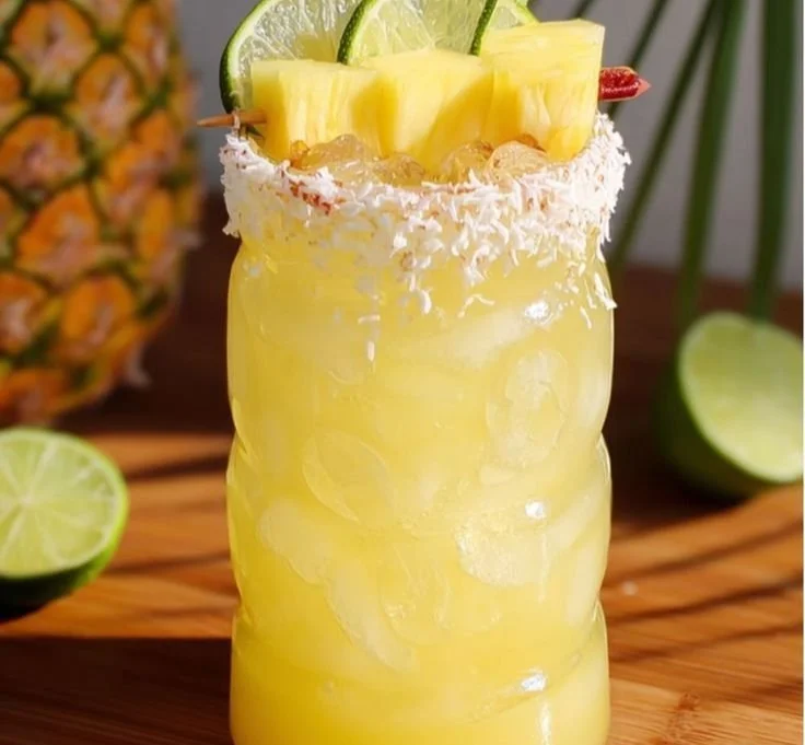 Refreshing Non Alcoholic Piña Colada Punch served in a tropical glass