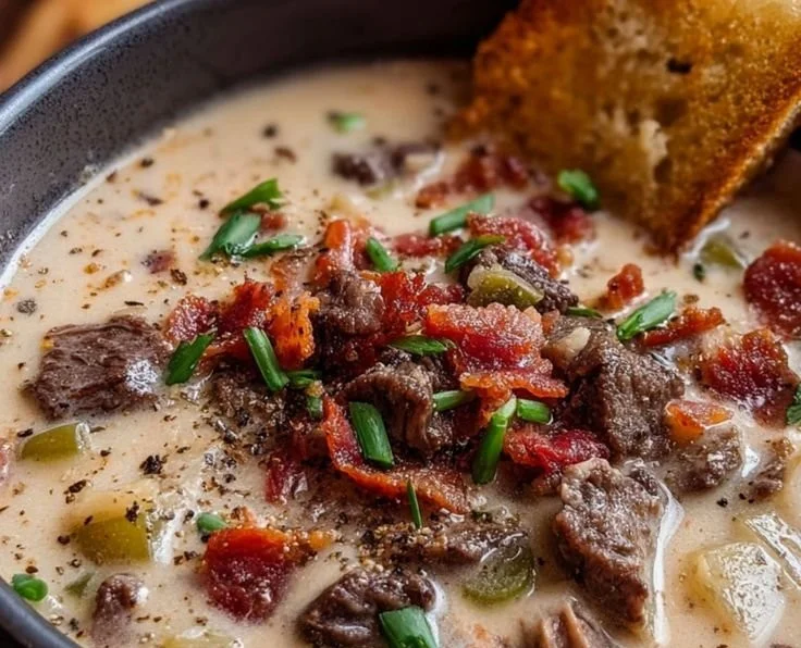 Delicious One-Pot Philly Cheesesteak Soup with Bacon and Cheesy Toast