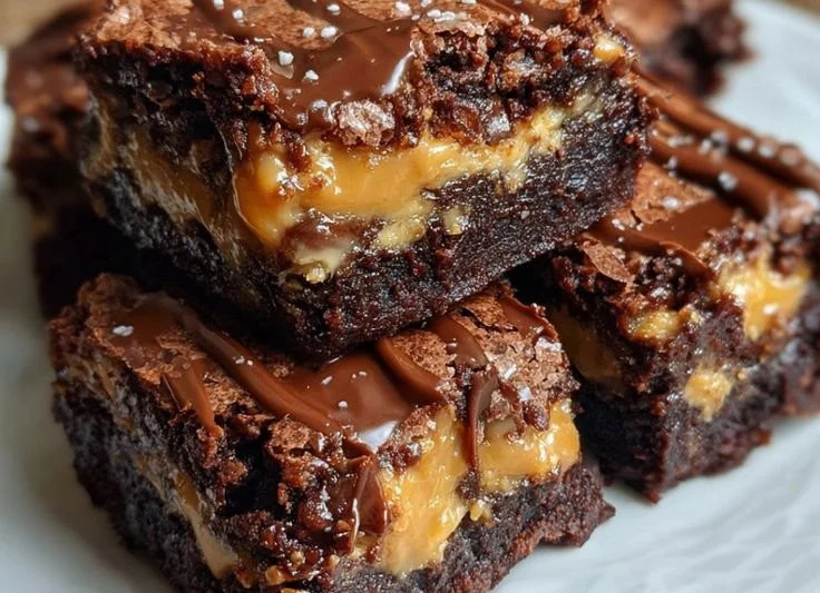 Deliciously rich Snickers brownies topped with caramel and peanuts