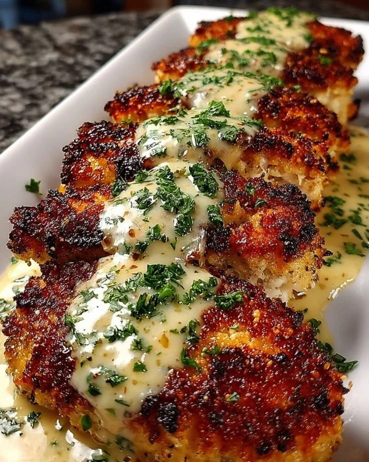 Parmesan Crusted Chicken served with creamy garlic sauce on a plate