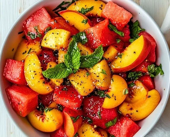 Delicious Peach Watermelon Salad with fresh peaches and watermelon slices