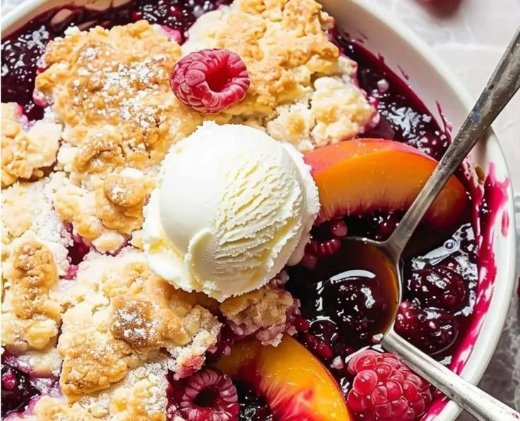 Delicious peach cobbler with raspberries baked to golden perfection