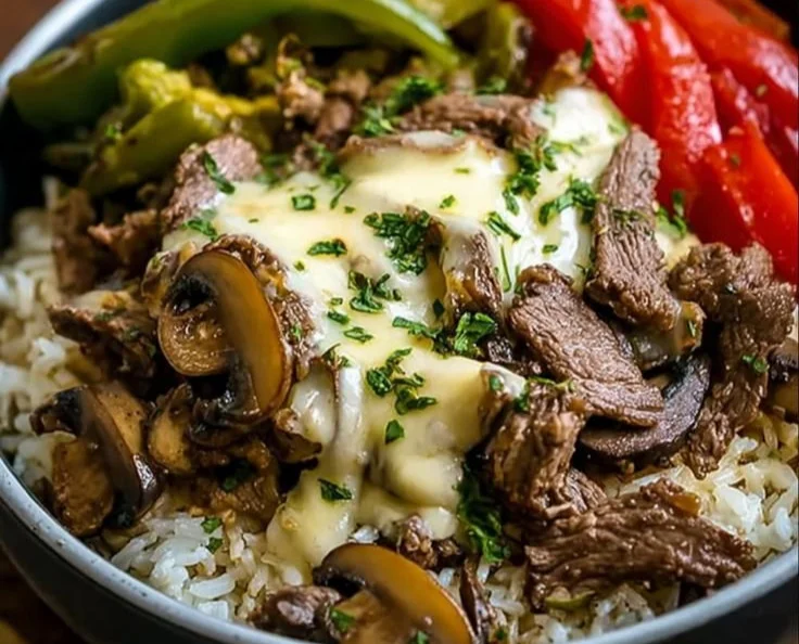 Delicious Philly Cheesesteak Bowl topped with melted cheese and peppers.