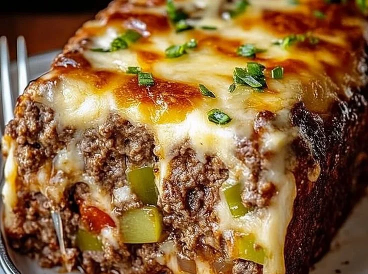 Philly Cheesesteak Meatloaf with melted cheese and beef, a comfort food twist