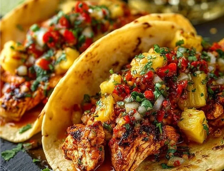 Pineapple Chicken Tacos topped with fresh cilantro and lime