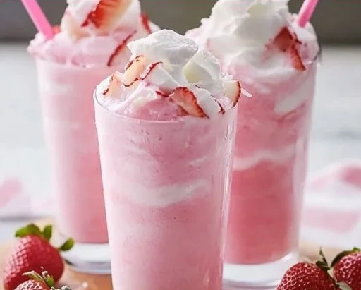 Pink Strawberry Coconut Refresher in a glass with coconut slices and strawberries.