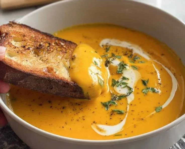 Bowl of protein-packed butternut squash soup with garnishes