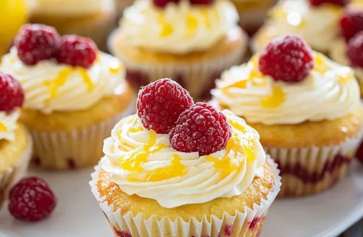 Delicious Raspberry Lemon Cupcakes topped with fresh raspberries and lemon zest