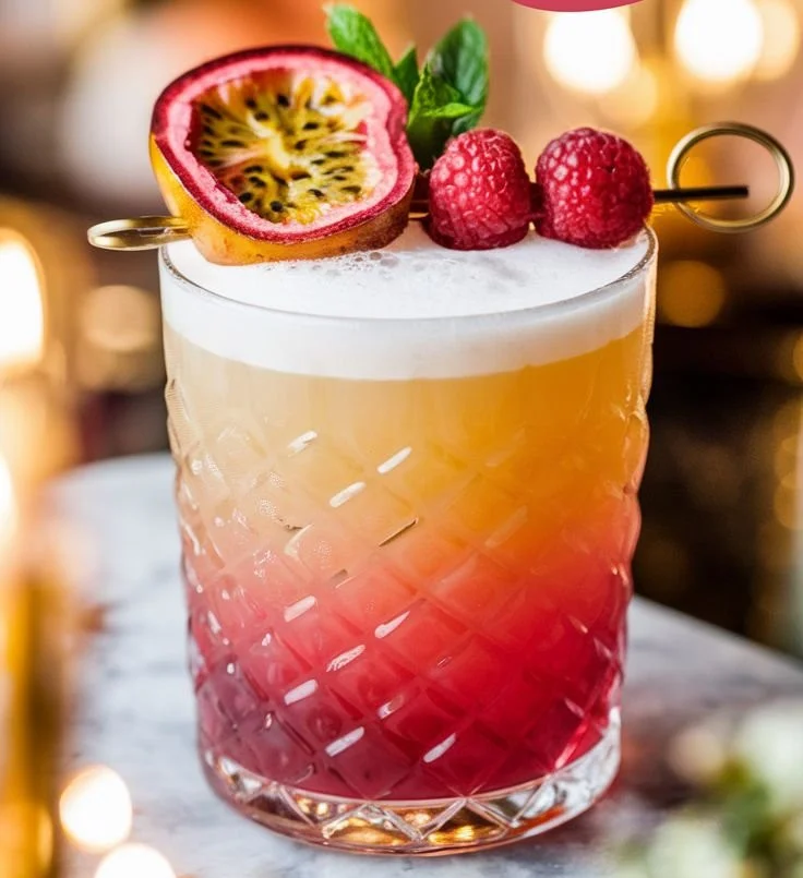 Raspberry Passionfruit Tequila Sour cocktail garnished with fresh fruit