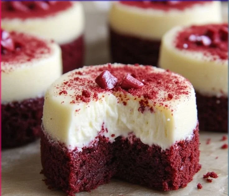 Red Velvet Bottom Cheesecake Mini Brownies served on a white plate